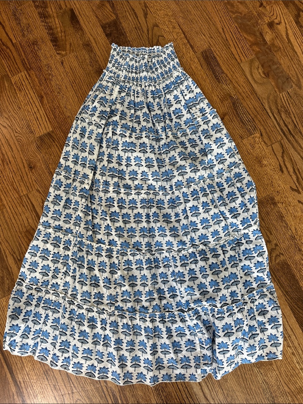 White Maxi Skirt with Blue Floral Print and Smocked Waist